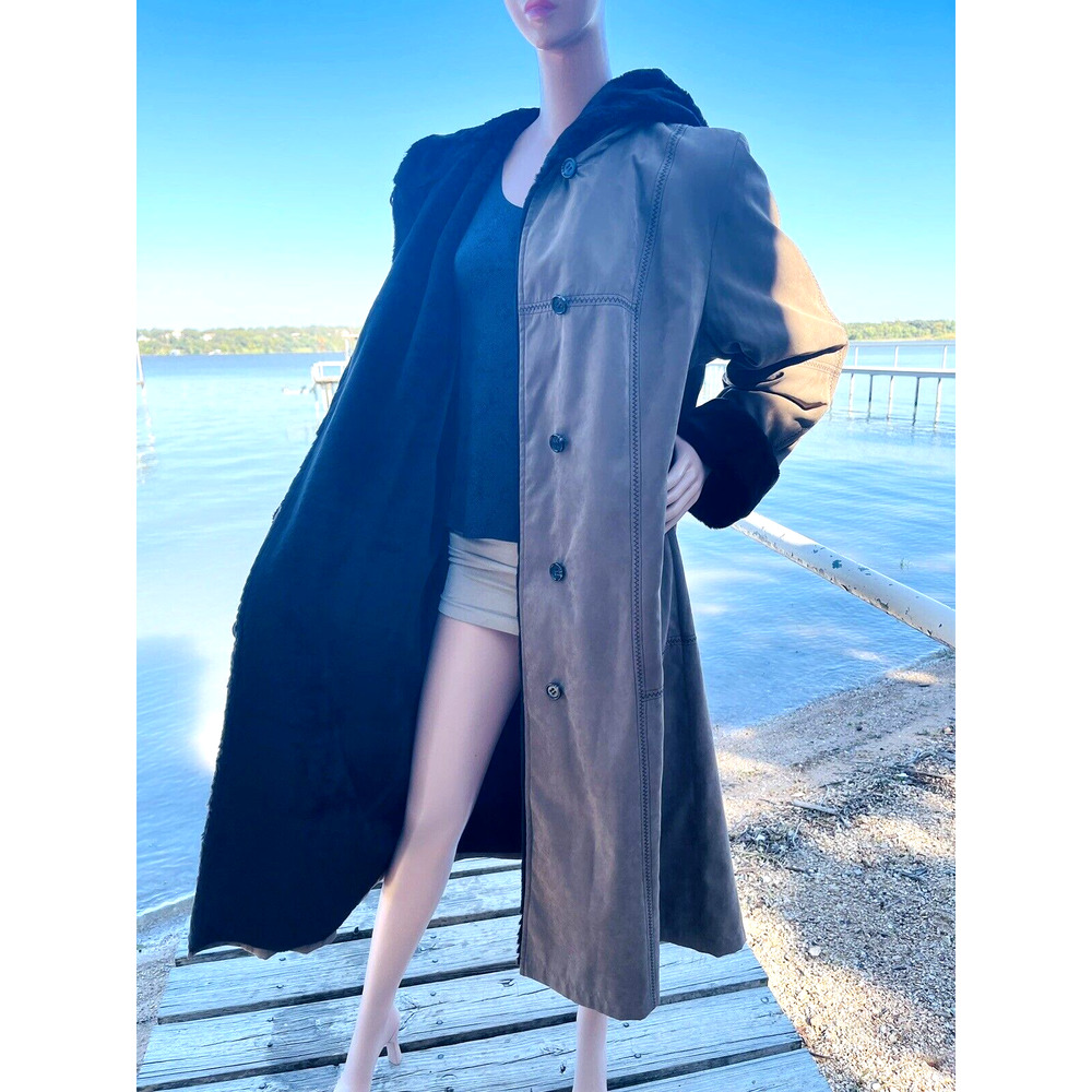 UD Utex Design PL Long Hooded Trench Coat Beige Suede-look Brown Faux fur lined